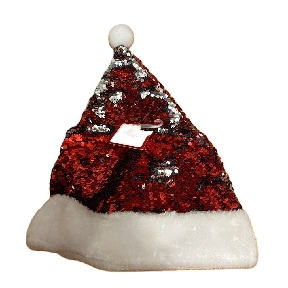 Christmas Santa Hat Red Sequin White Ball NEW